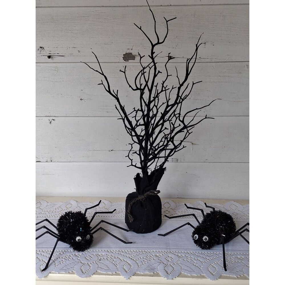 Halloween Spooky Black Branch Tree with 2 Fuzzy Spiders